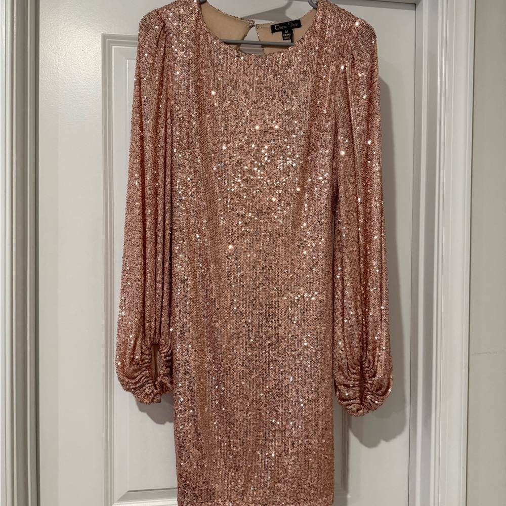 Rose Gold Sequin Long Sleeve Open Back Dress NWT